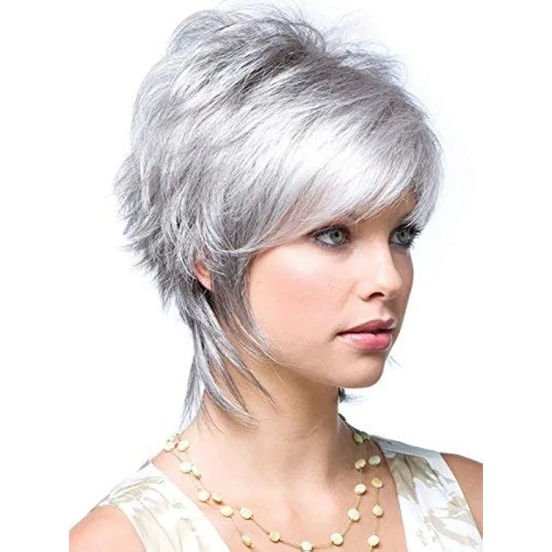 Short Gray Wigs for Women Layered Pixie Cut Wigs with Bangs Silver Grey Sho - £19.03 GBP