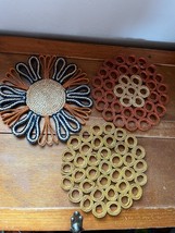 Lot of 3 large Yellow Orange &amp; Blue Open Circles &amp; Floral Woven Reed Str... - £10.34 GBP