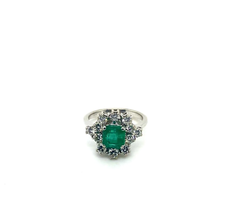 1.00 Carat Emerald and .64 Carat RBC VS2/G Diamond 18K White Gold Ring - $6,595.00