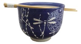 Auspicious Blue Tombo Dragonfly Ceramic Donburi Ramen Bowl With Chopstic... - $345.57 MXN