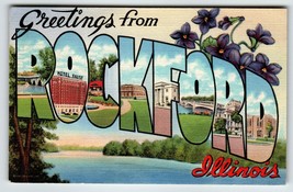 Greetings From Rockford Illinois Large Big Letter Linen Postcard Curt Te... - £10.63 GBP