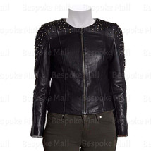 New Women Black Huff Silver Studded Brando  Cowhide Motorbike Leather Ja... - £228.03 GBP