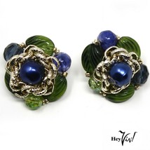 Vintage 1&quot; W Germany Clip On Earrings - Blue Green Bead &amp; Gold Cluster -... - £17.30 GBP