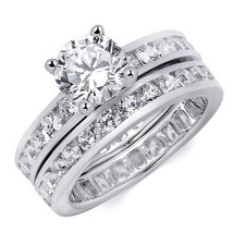 2.5 Carat Round Cut Eternity Wedding Ring Set w/ Band Real Solid Silver Size 5-9 - £47.98 GBP