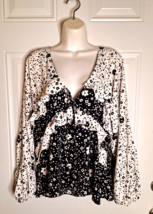 Asos Black White Floral Ruffle Blouson Sleeve Tie V-Neck Tunic Top Blouse SZ 12 - £16.69 GBP