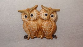 Vintage Pair Owls on Branch Pin Brooch Ceramic Beige Tan - $17.89