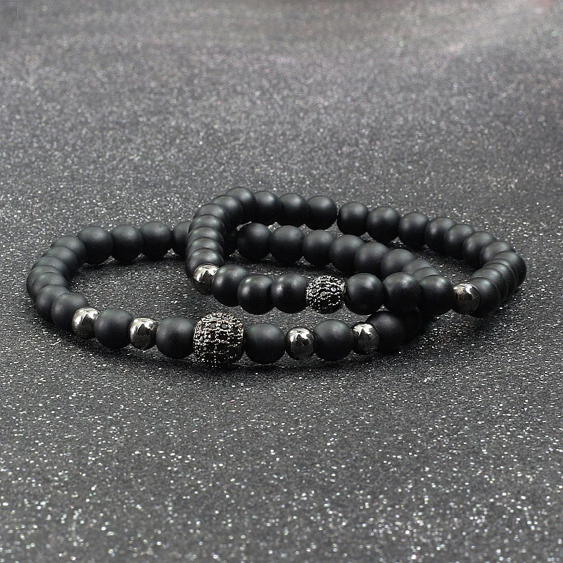 Sporting 2pcs/set Bracelet Fashion Men Natural Black Matte Stone Micro-inlaid Zi - £23.90 GBP