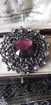 Antique Vintage Victorian 1890-s Pewter Brooch with Purple Stones-Rare Item! - £35.03 GBP
