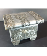 Vintage SILVER METAL TRINKET BOX ELEPHANTS FLOWERS India Handcrafted Rep... - $21.84