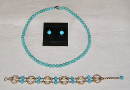 Vintage Lot Of 3 Natural Turquoise Beaded Necklace+Earrings+Adjustable Bracelet - £37.41 GBP