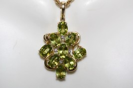 Fine 14K Yellow Gold Green Peridot Cluster Pendant with Diamond Accent - £363.80 GBP