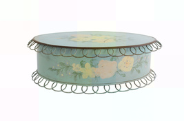 Vintage Large Blue Floral Vanity Tin with Scalloped Wire Edge &amp; Mirror Inside - £27.46 GBP