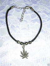BLACK CORD PEWTER POT LEAF CHARM BRACELET 6.5&quot; - 8.5&quot; - $110.27 MXN