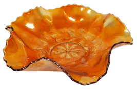 Vtg USA Dugan Iridescent Marigold Carnival Glass Diamond Cosmos Ruffled ... - $25.64