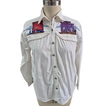 Vintage 80s 90s White Cotton Western Shirt - Cute Town Print - Womens M/L - $23.76