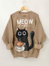 Women&#39;s Black Cat Meow Coffee Print Cozy Sweatshirt - £18.95 GBP