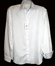 Bugatchi Uomo Men&#39;s White Floral Design Cotton Dress Shirt Sz L NEW Shaped Fit - £88.37 GBP