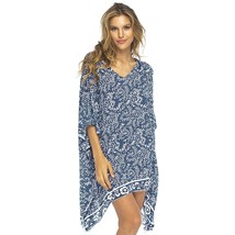 Womens Beach Swimsuit Cover Up Dress Caftan Floral Short Poncho Bun Navy - £52.19 GBP