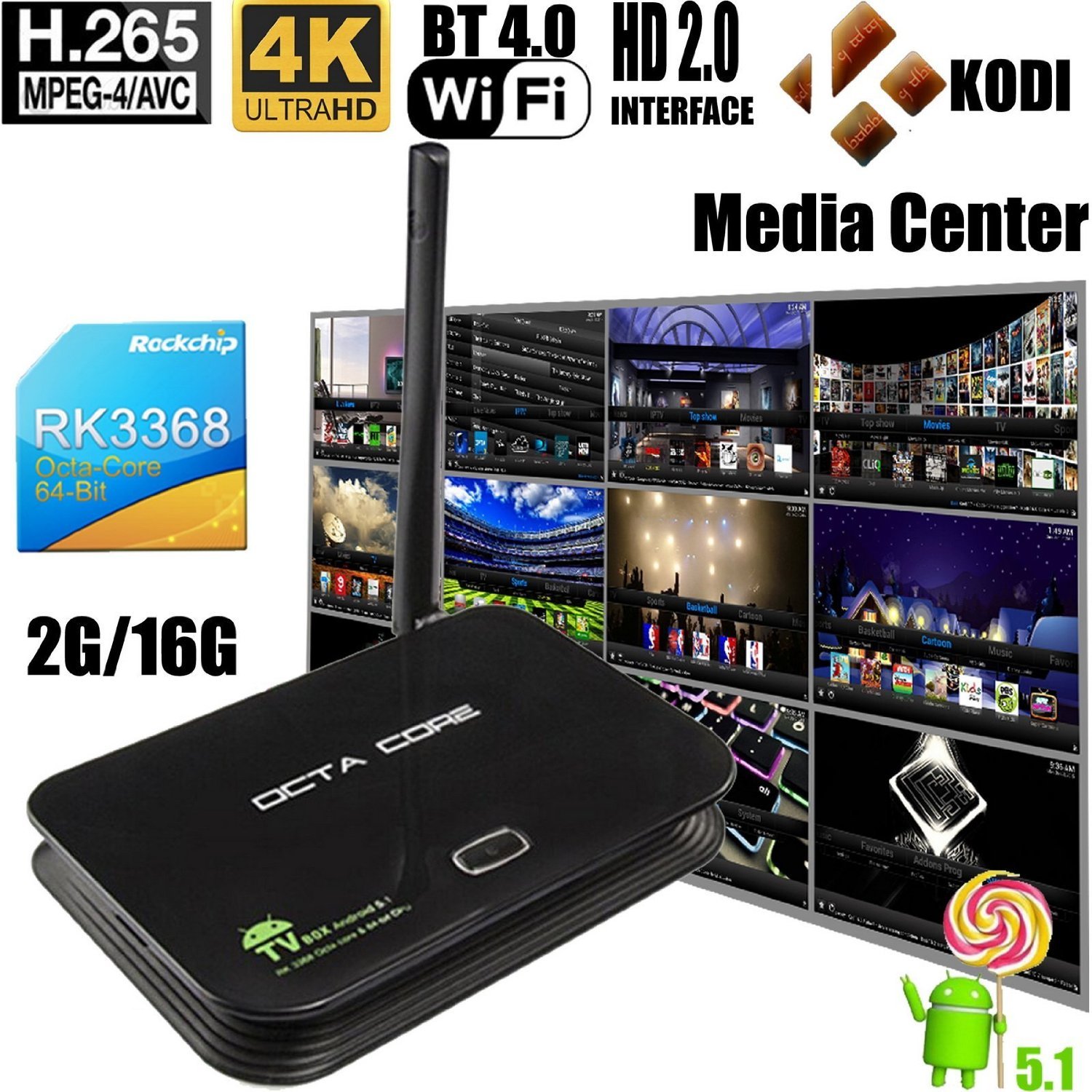 Octa Core Z4 Android 5.1 TV Box,64 Bit RockChip KODI Pre Installed 2GB RAM/16G