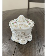Vintage Victorian painted Roses &amp; gold Gilding Milk Glass Vanity Powder Jar - $49.49