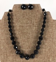 Vtg Choker Necklace Earrings Graduated Faceted Black Glass Crystal Mourning 17&quot; - £15.81 GBP