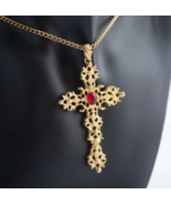 Vintage Avon Gold Goth Cross Necklace w/ Chain Ruby Red Glass Stone - £15.31 GBP