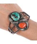 6 3/8&quot; vintage Native American silver turquoise and coral cuff bracelet i - £265.11 GBP