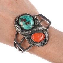 6 3/8&quot; vintage Native American silver turquoise and coral cuff bracelet i - £269.08 GBP