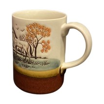 Rare Farm Field Horses Mug Stoneware Farmhouse Birds Tree Tea Coffee Cup Pottery - £11.86 GBP
