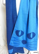 Loooong Double Faced Light and Dark Blue Knit Scarf with Cats 68&quot; x 14&quot; ... - $14.85