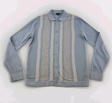 Express Mens Knit Cardigan Shirt Sz M Light Blue Gray Vertical Stripe Co... - $31.99