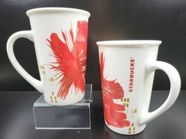 2 Starbucks Coffee Holiday Red White 12 Oz Mugs Set 4 3/4&quot; Coffee Tea Cups 2014 - £20.91 GBP