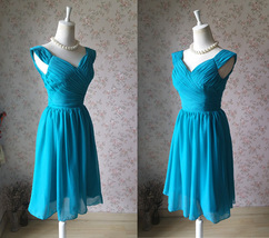Teal-blue Midi Chiffon Dress Custom Plus Size Bridesmaid Chiffon Dress image 3