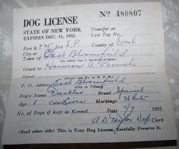 1955 BLOOMFIELD NY SPANIEL DOG LICENSE HARMON PARMELI FRECKLES - £4.68 GBP