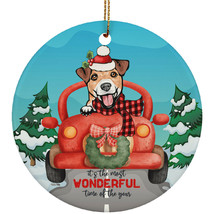 Jack Russell Terrier Dog Ride Car The Most Time Of Year Xmas Circle Ornament - £15.92 GBP