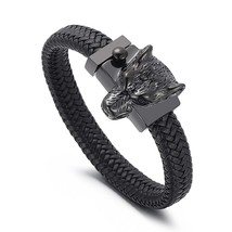 Nordic Viking Wolf Head Leather Bracelets Polished Stainless Steel Bracelet For  - £19.57 GBP
