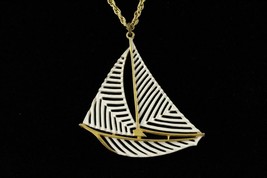 VINTAGE Costume Jewelry Gold Tone White Enamel Ship Boat Sailboat Necklace - $20.56