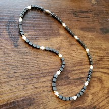 Vintage Glass Stone Bead Necklace, Black White Choker 16", Onyx Quartz image 2