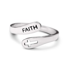 S925 Sterling Silver Cross FAITH Christian Bless Adjustable Ring For Women Gifts - £27.31 GBP