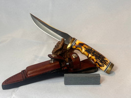 Schrade 153UH Uncle Henry Knife Golden Spike Derlin Stag Handle W/ Sheath - £23.42 GBP