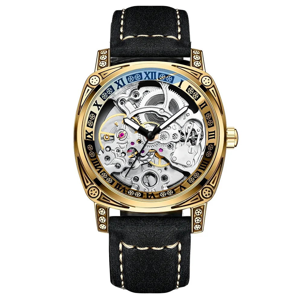  men automatic square luminous transparent skeleton mechanical watch leather male clock thumb200