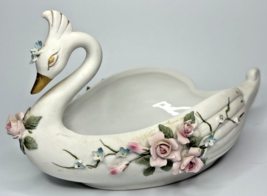 Vintage Lefton #1201 Porcelain Swan With Rose Flowers Trinket Dish pb194 - £19.97 GBP