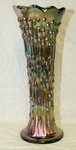 Fenton 10.25&quot; Green Carnival Glass Vase April Showers Scallop Peacock Ta... - $99.99