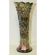 Fenton 10.25&quot; Green Carnival Glass Vase April Showers Scallop Peacock Ta... - £78.65 GBP