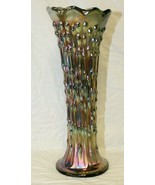 Fenton 10.25&quot; Green Carnival Glass Vase April Showers Scallop Peacock Ta... - $136.75 CAD