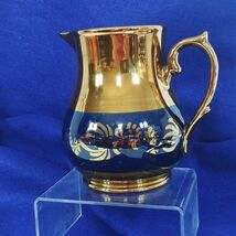 Pitcher Small Lusterware Gold with Blue Band Floral Design Collectible V... - $13.65