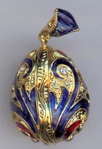 Russian Faux Pendant multi-patterned dark blue scrolls, gold w/ red crystals - £27.65 GBP