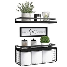 Floating Shelves With Wall Dcor Sign, Bathroom Shelves Over Toilet With Wire Sto - £39.22 GBP