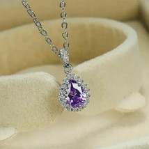 2Ct Pear Cut Simulated Amethyst Halo Pendant 14k White Gold Plated 18&quot; Chain - £32.87 GBP