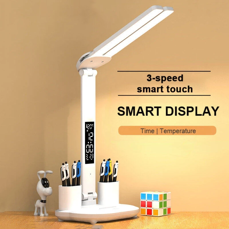 LED Clock Table Lamp USB Chargeable Dimmable Desk Lamp 2 Heads 180 Rotate - $16.18+